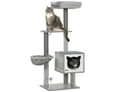 Arranhador para Gatos com Plataforma Rede Caverna Cama Postes de Sisal e Bolas de Brincar 48x40x126 Cm Cinza Ge