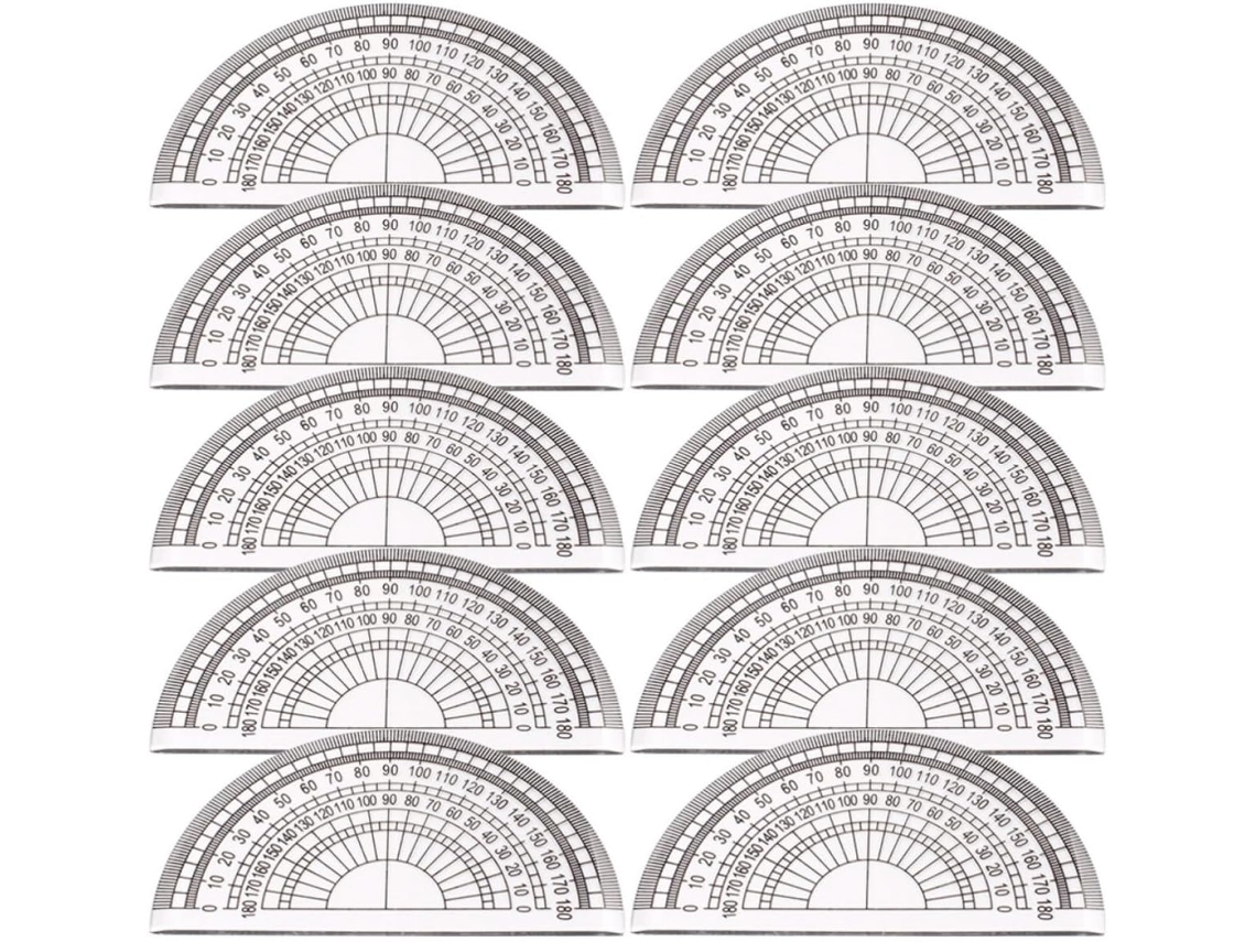 Conjunto de 10 decalques de plástico transparente para medição de ângulos, ideais para alunos e professores em sala de aula.