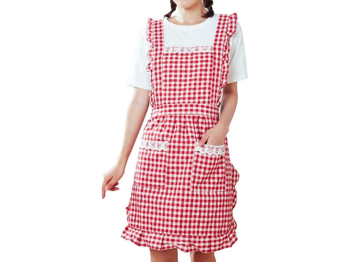 Avental Linjou vermelho xadrez de algodão com bolsos, modelo 2026, ideal para cozinha, confeitaria e aniversários.