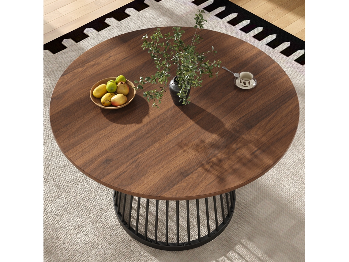 Mesa Redonda 80×80×76cm Tampo Tom Nogueira Pés Metálicos Pretos Sala E Sala De Jantar