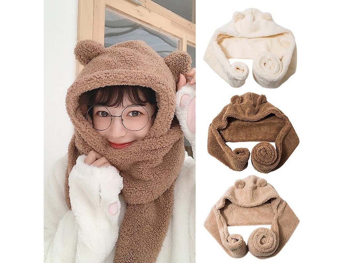 2026 gorro Bufanda Oso Bonito para Mulheres Meninas Inverno Quente Acrílico Tamanho Único Cor Bege Branco Café