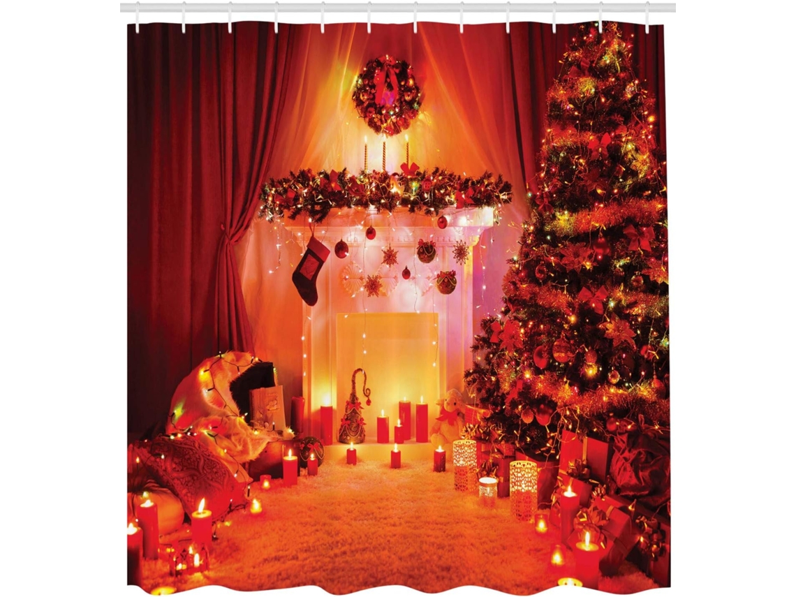 Cortina De Chuveiro Natalina, Tema Natal E Ano , Roupão De Tecido