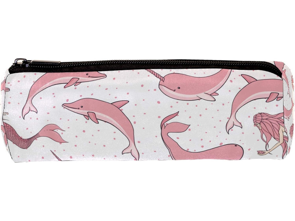 Artigos de papelaria rosa com estampa Baleia e Sereia, porta-lápis ideal, organizador de mesa, perfeito para escola e escrivaninha.