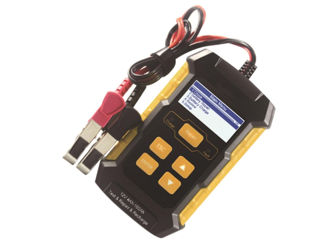 Testador, carregador e analisador de baterias automotivas de 12 V com revestimento de tecido de 2,4 polegadas.