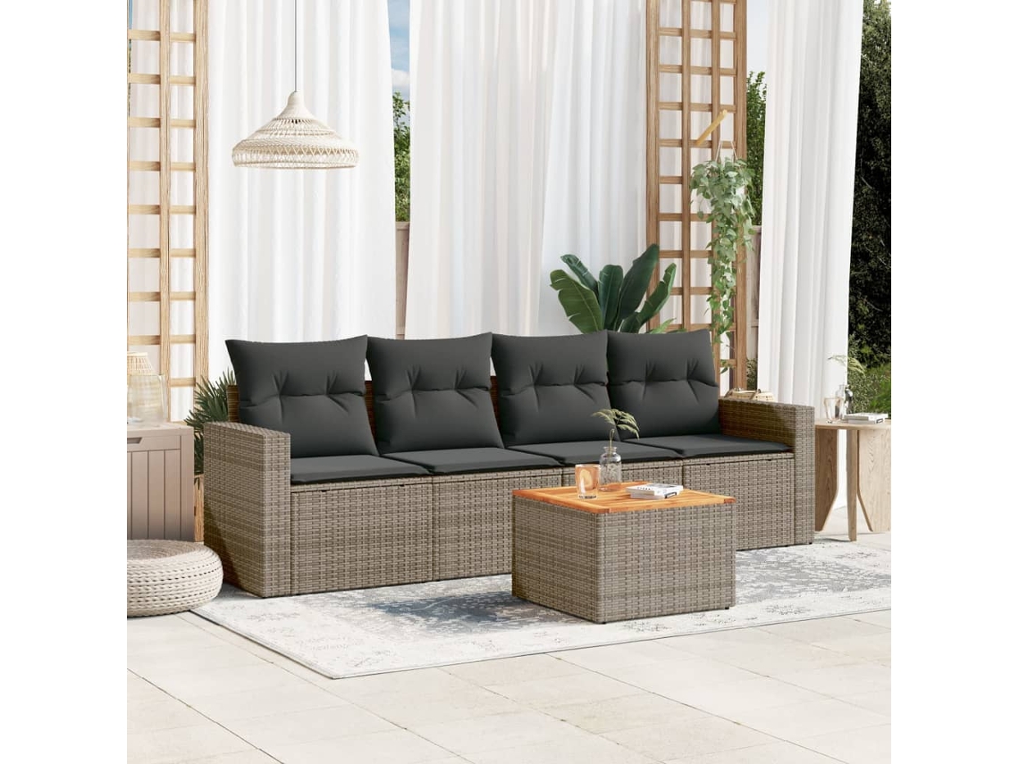 Vidaxl 5 Pcs Conjunto Sofás De Jardim C/ Almofadões Vime Pe Cinzento