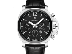 Relógio de pulso redondo Bagari Fashion com pulseira de PU, mostrador simples, movimento de quartzo, prateado e preto.