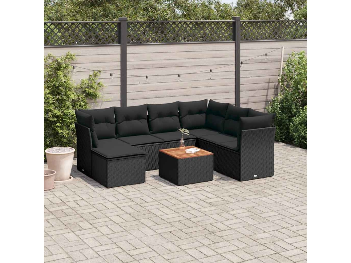 Vidaxl 8 Pcs Conjunto Sofás de Jardim com Almofadões Vime Pe Preto