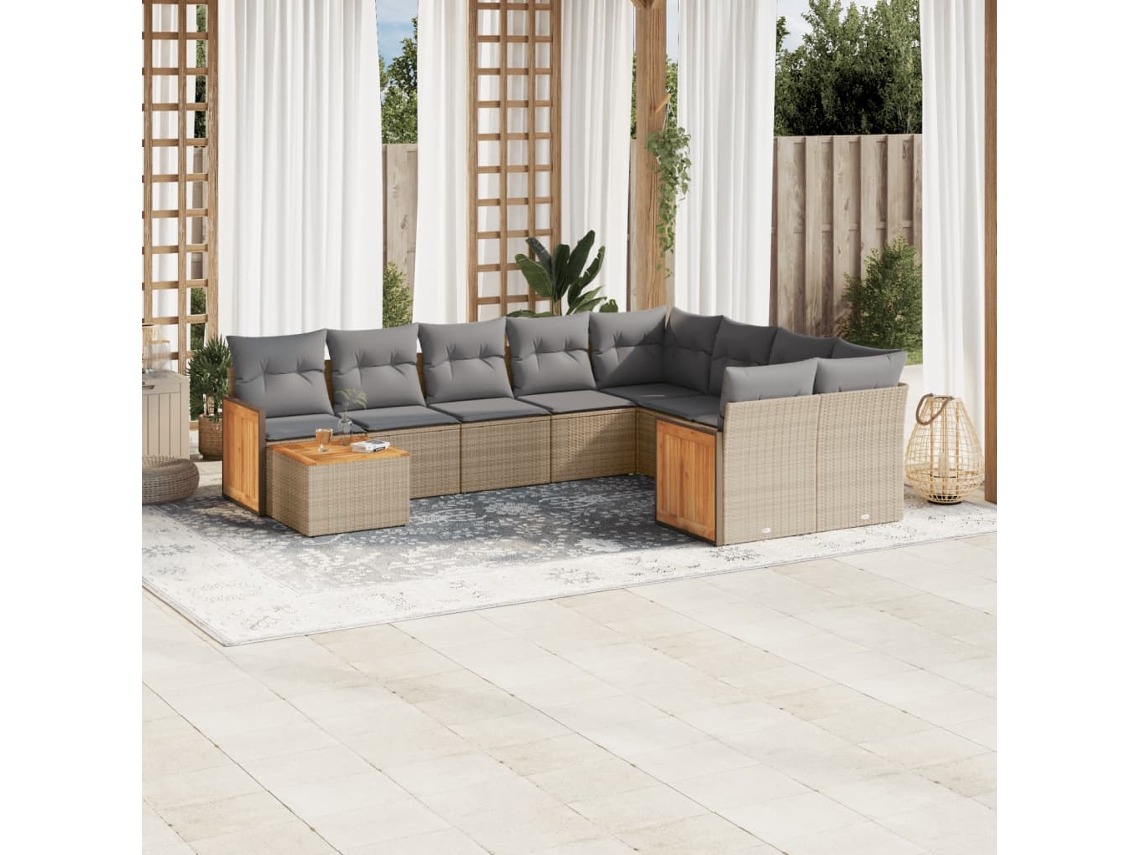 Vidaxl 10 Pcs Conjunto De Sofás P/ Jardim Com Almofadões Vime Pe Bege