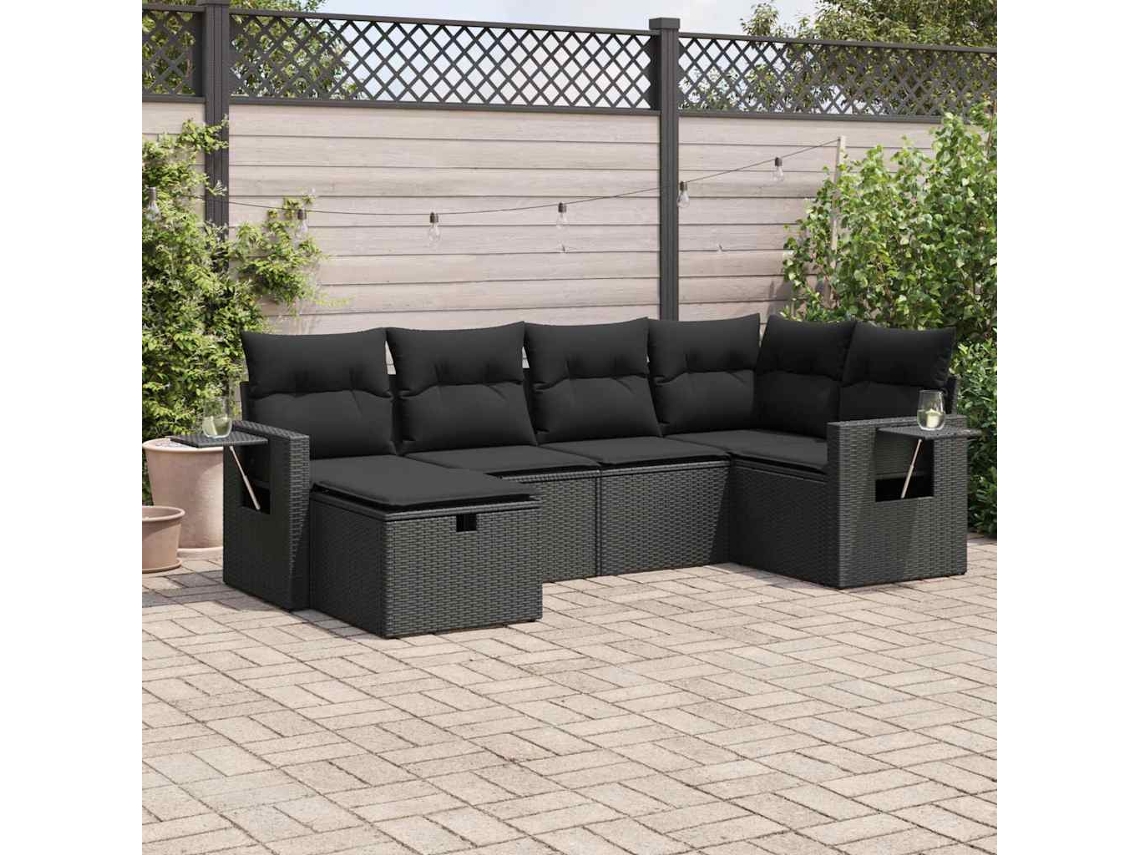 Vidaxl 6 Pcs Conjunto Sofás De Jardim C/ Almofadões Vime Pe Preto