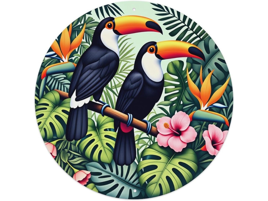Placa Metálica Redonda Com Tucanos, Folhas Tropicais E Flores, Pôster Retrô Vintage Para Bar, Casa, Adega