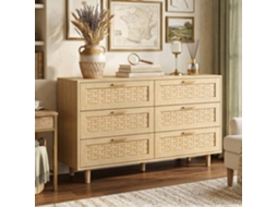 Cómoda de quarto com 6 gavetas em carvalho e rattan sintético, 115x40x80 cm LAZYSPACE