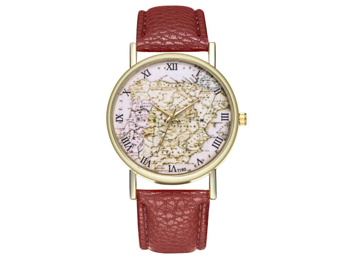 Reloj De Cuero Pu Para Hombres Y Mujeres Con Patrón De Mapa Reloj De Cuarzo Café