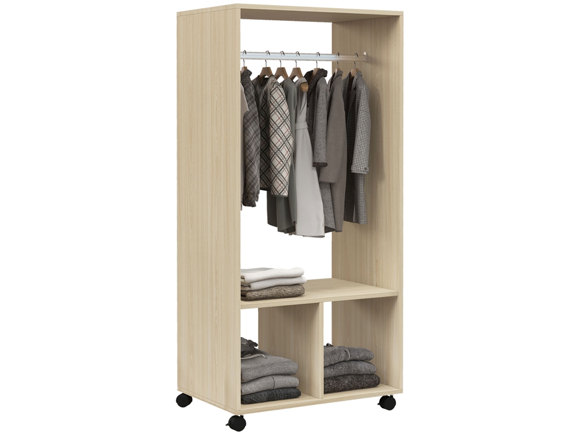 Guarda roupas BTFORUS com rodízios, cabideiro, prateleiras, 60x40x128cm, natural