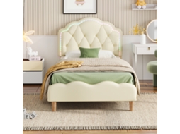 Cama Infantil 90x200 Cm, Cabeceira Ondulada Com Led Multicolorido, Revestimento Em Couro Pu Bege, Estrado De Ripas De Madeira, Colchão Não Incluído.