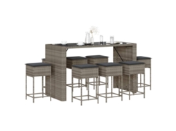Vidaxl 9 Pcs Conjunto De Bar P/ Jardim C/ Almofadões Vime Pe Cinzento