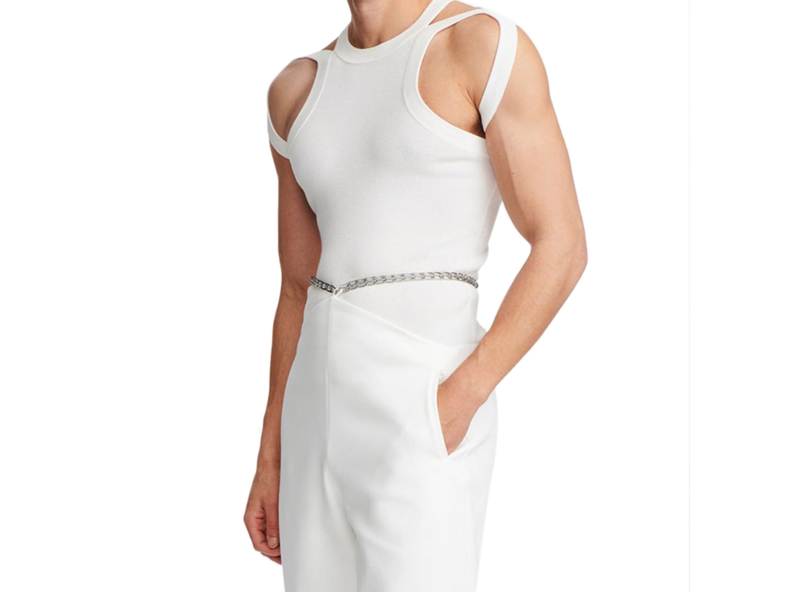Regata Masculina Elástica Slim Fit com Alças Duplas Oco Poliéster Branco G