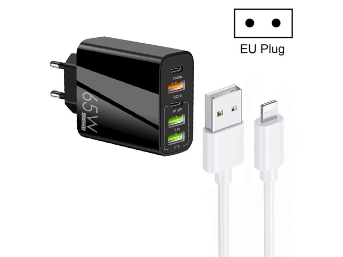 65w Dual Pd Tipo C + 3 Usb multiporta com 3a Usb para Cabo de Dados de 8 Pinos, plugue UE preto XIAOMOYU