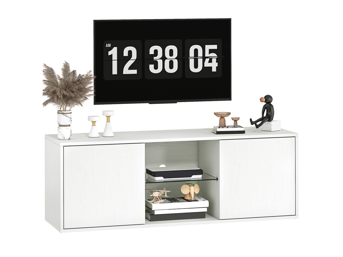 Móvel De Tv De Chão Ou Mural Até 55 Polegadas, Portas Com Fecho Suave, Passagem De Cabos E Tabuleiro De Vidro, Branco.