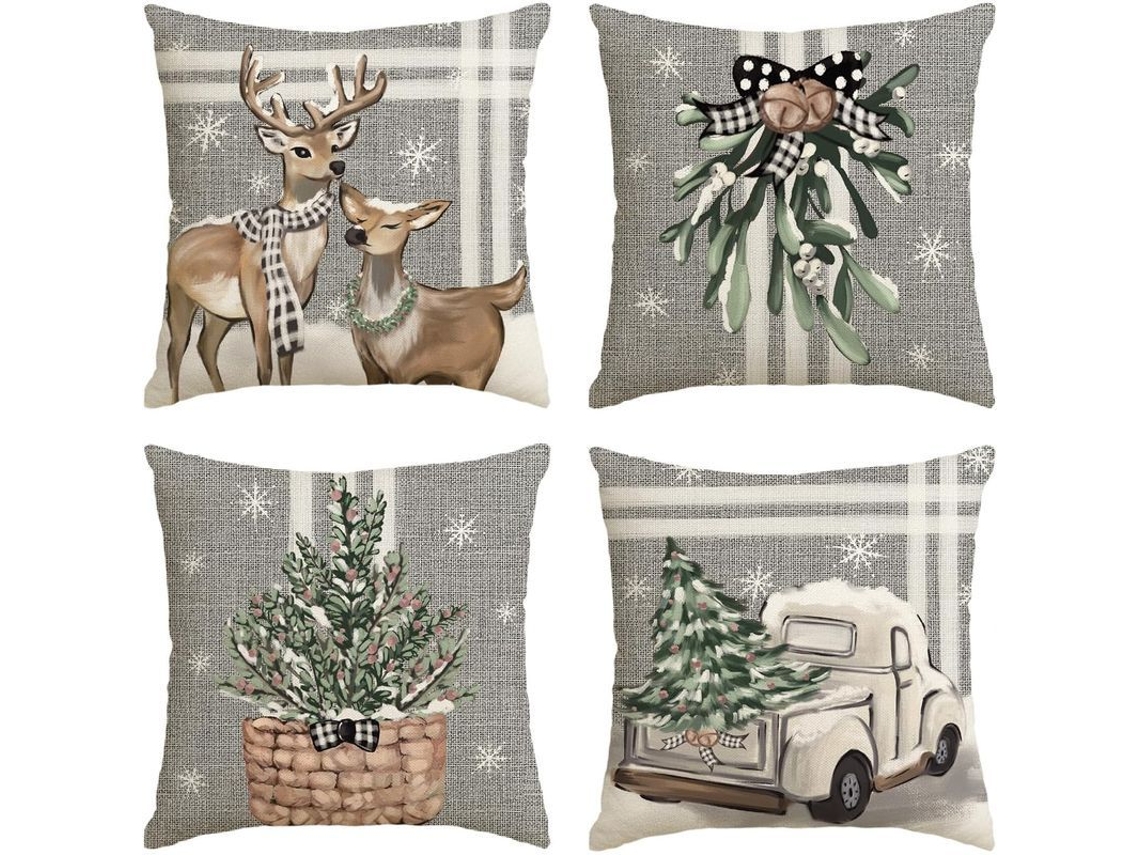 Capas De Travesseiro Cinza Com Rena Camião Natal Listras, 18x18 Polegadas, 4 Unidades Para Sofá Inverno