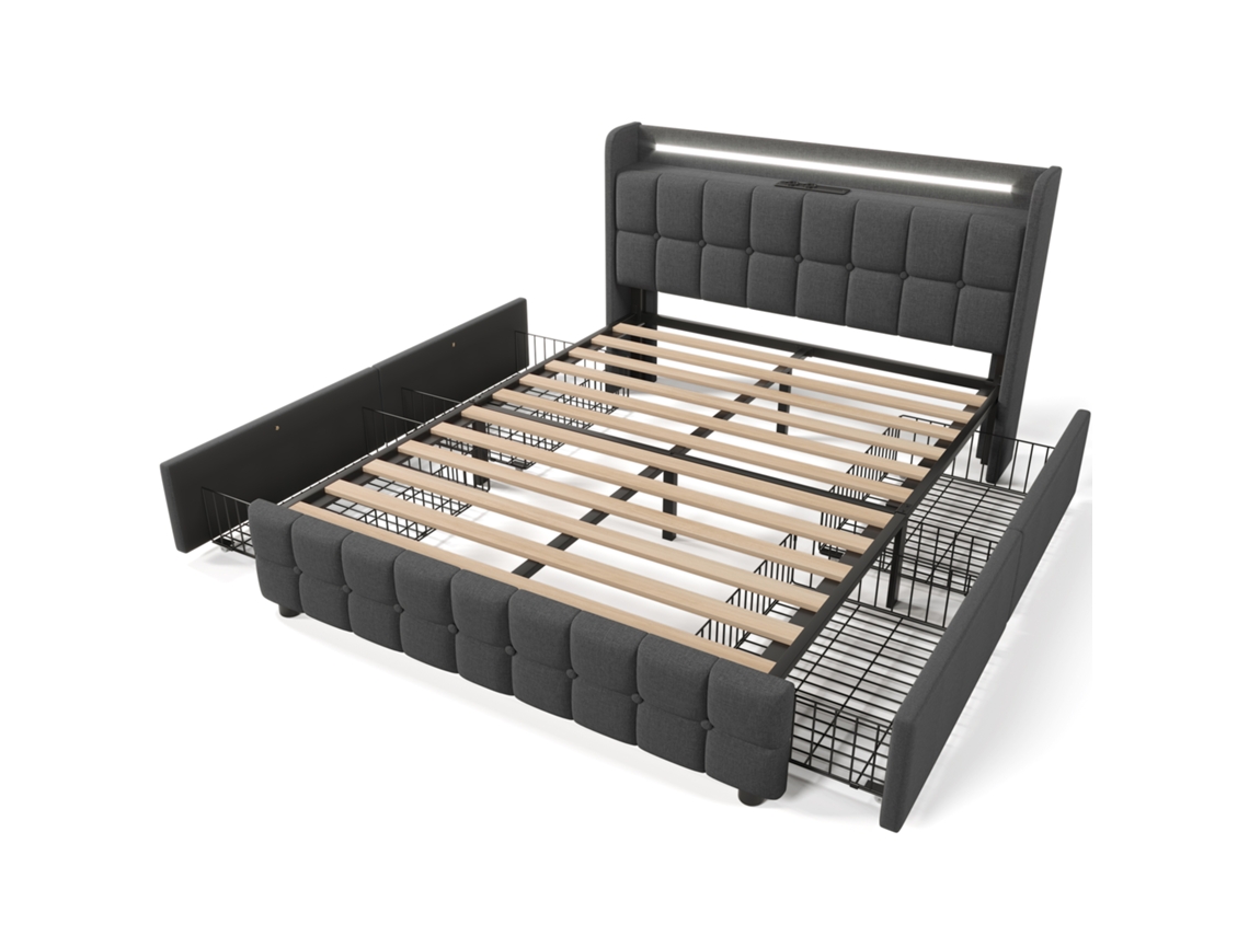 Cama Estofada Casal 160x200cm com Usb,led,4 Gavetas e Estrado de Madeira cinza com Colchão Incluído PAPRIKA