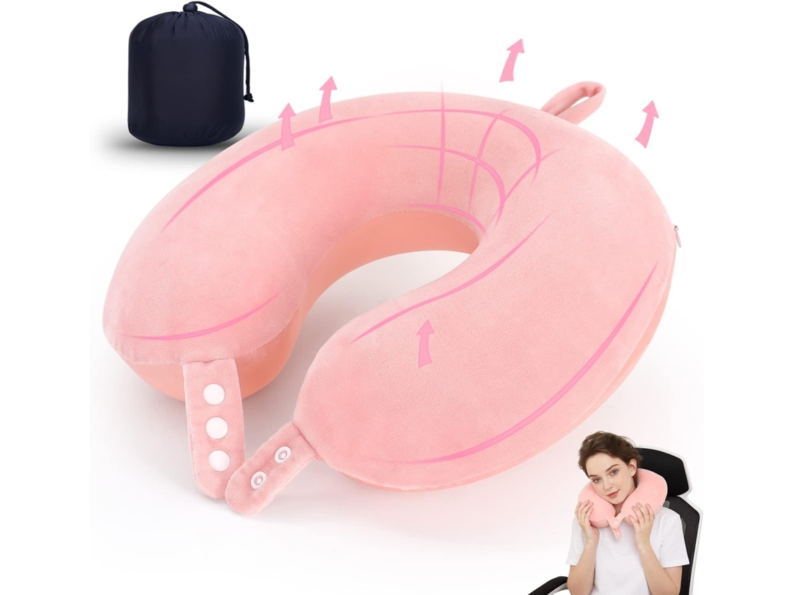 Lurelia Almofada Viagem, Espuma Viscoelástica, Apoio Pescoço, Capa Lavável, Rosa, 45cm