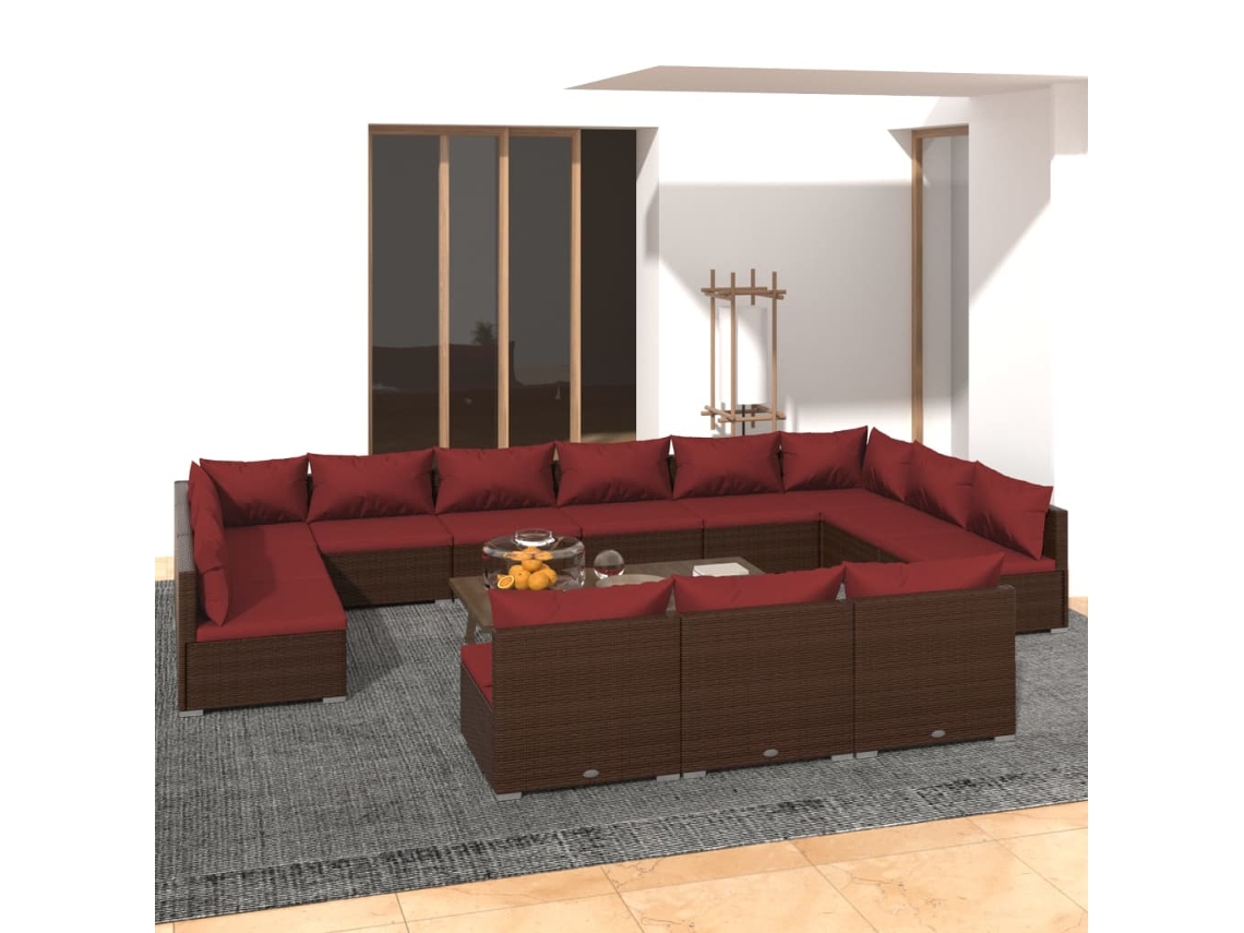 Vidaxl 13 Pcs Conjunto Lounge Jardim C/ Almofadões Vime Pe Castanho