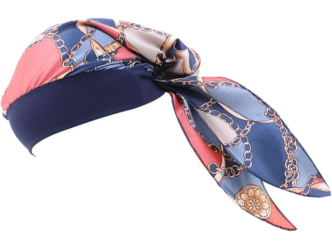 Turbante azul de chiffon, confortável e respirável, com faixa elástica para a cabeça.