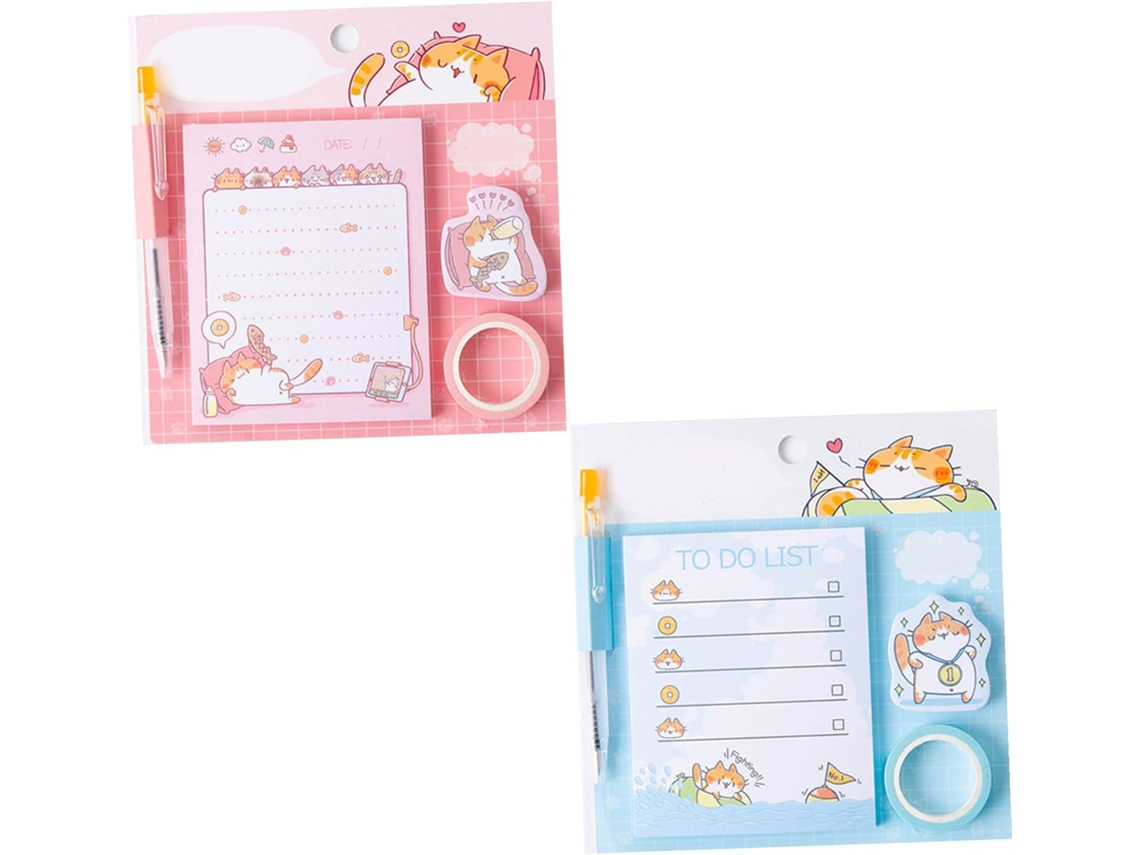 Conjunto de artigos de papelaria, incluindo blocos de notas, borrachas para cadernos, adesivos autocolantes para planners e blocos de papel com letras.