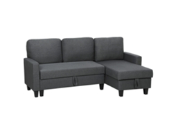 Sofá Cama 3 Lugares Chaise Longue Conversível Canto Armazenamento Almofadas Capa Removível Tecido Linho Sala Estar Escuro 197x129x85cm Cinza