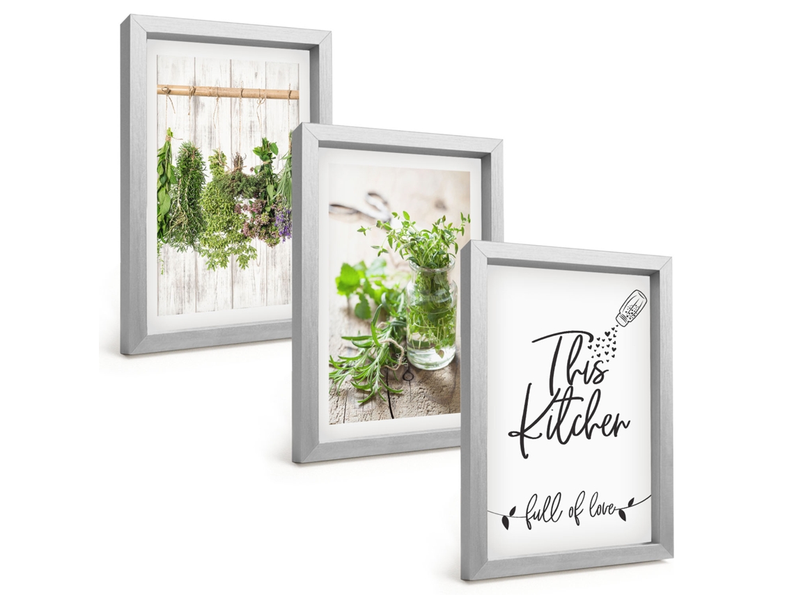Composição De Quadros Na Paredemotivo De Cozinha, Ervas Secas Moldura Prateada Quadros Para A Sala De Estar Espelharte (3 Peças 20x30 Cm)