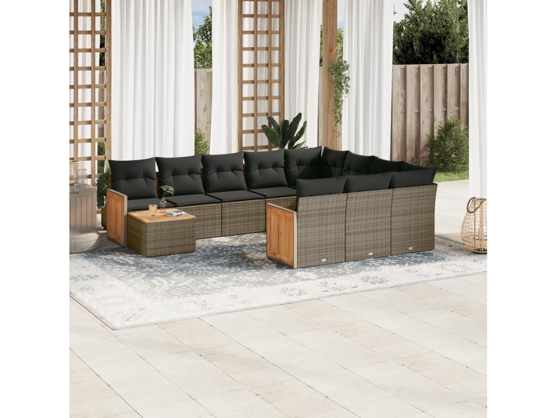 11 Pcs Conjunto Sofás De Jardim C/ Almofadões Vime Pe Cinza Dkd Home Decor