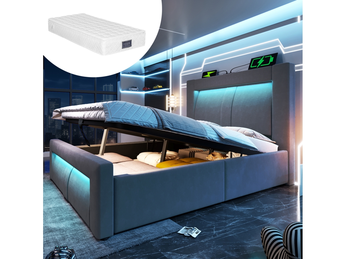 Cama Solteiro 90x200cm Armazenamento Led App Usb-c Seda Cinza Colchão