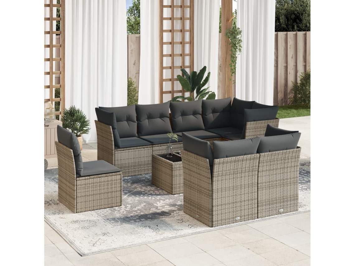 Vidaxl 9 Pcs Conjunto Sofás P/ Jardim Com Almofadões Vime Pe Cinzento