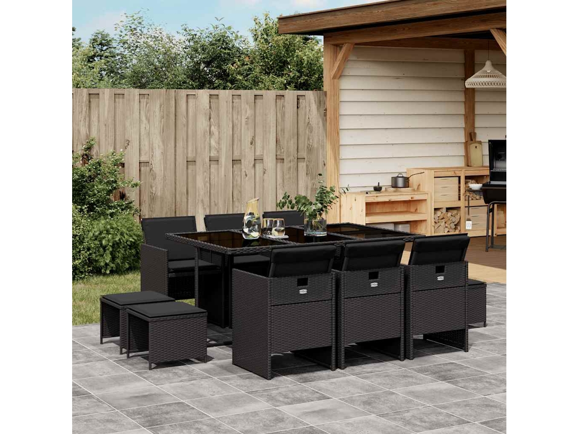 Vidaxl 11 Pcs Conjunto De Jantar P/ Jardim C/ Almofadões Vime Pe Preto
