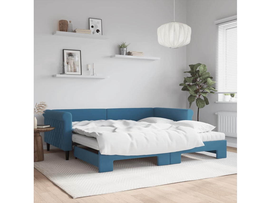 Sofá cama con cajón y colchones de 100x200 cm en terciopelo azul
