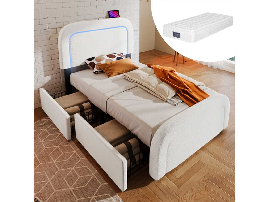 Cama Solteiro 90x200cm Usb-c Led Gavetas Colchão Branco Sherp
