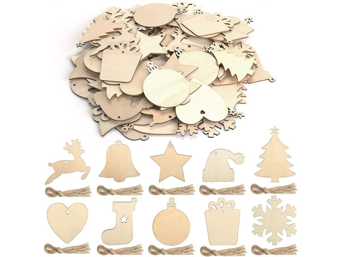 100 enfeites de Natal de madeira com 10 formatos diferentes, decorações pendentes para árvore de Natal.