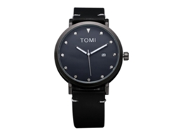 Relógio de pulso masculino Tomi com pulseira de liga metálica, mostrador redondo em PU e movimento de quartzo preto.