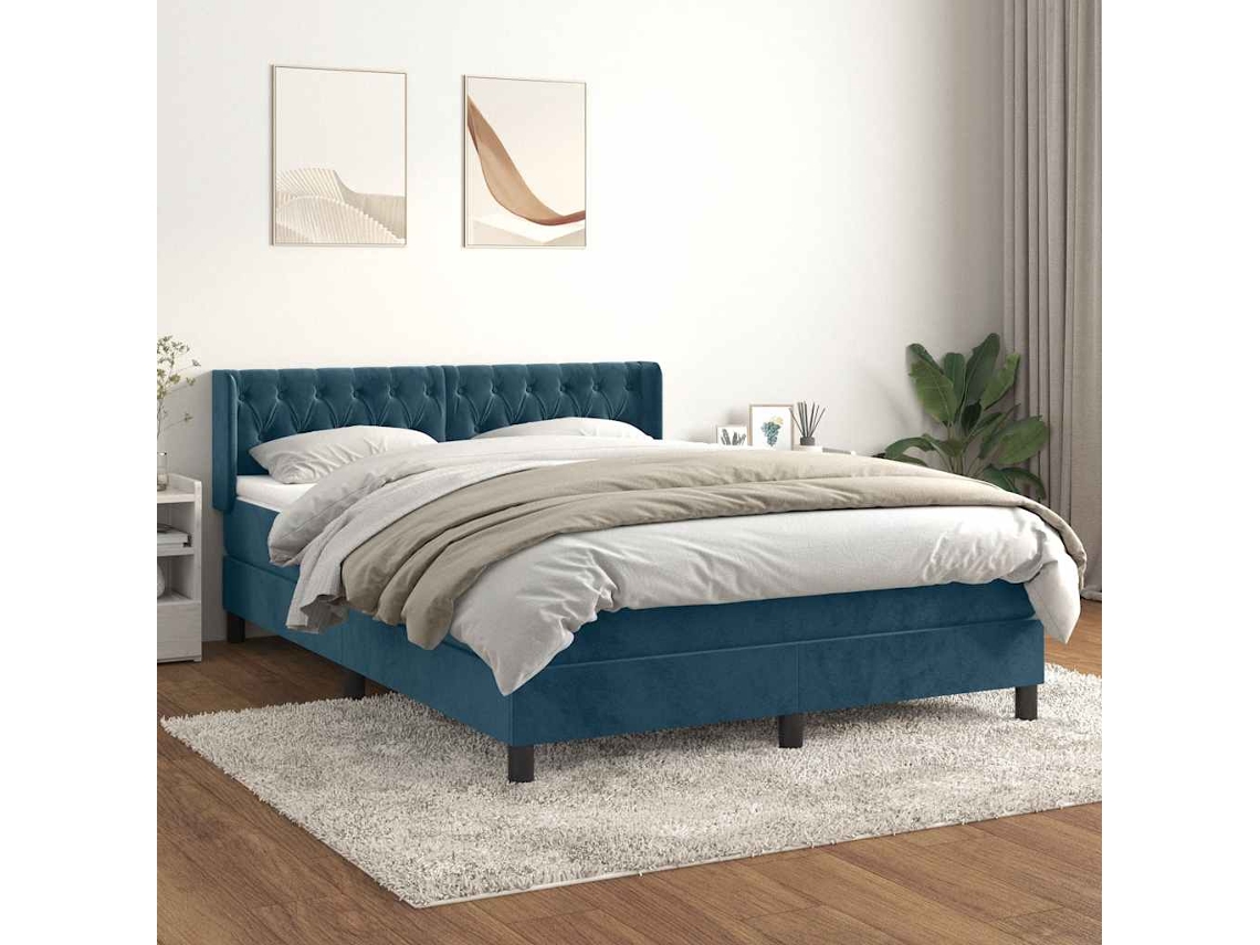 Vidaxl Cama Com Molas/colchão 140x190 Cm Veludo Azul-escuro