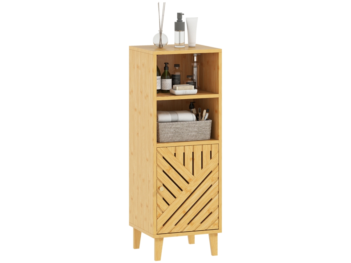 Armário de Banheiro Estreito com 2 Prateleiras Abertas, Porta, Pernas de Bambu 32x30x90 Cm Natural S/MARCA