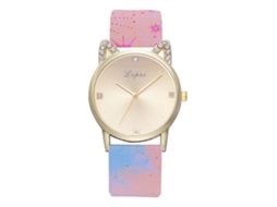 Relógio de Pulso Feminino de Quartzo com Pulseira de Couro Pu Padrão Gatinho com Strass