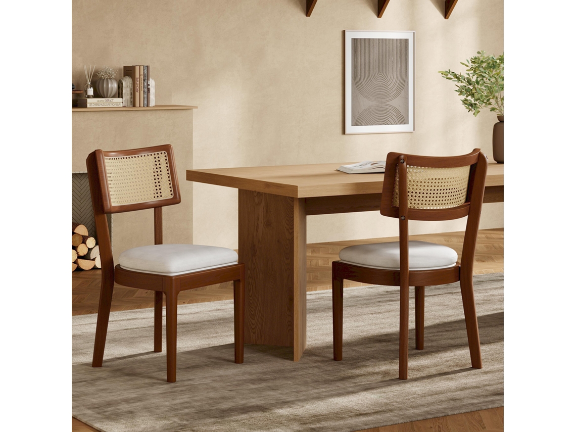 Conjunto De 2 Cadeiras De Jantar Em Madeira Maciça Com Encosto Em Rattan, Confortáveis E Respiráveis, Ideais Para Salas De Jantar.