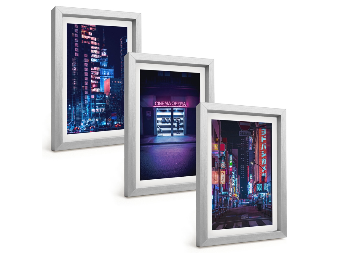 Composição De Quadros Cidade Noturna, Entrada Neon Espelharte (3 Peças 20x30 Cm)