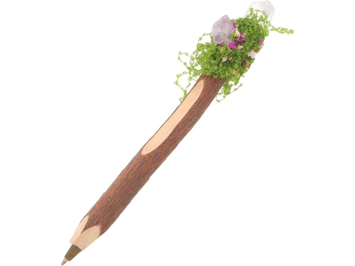 Caneta Esferográfica Healeved com Cabo em Imitação de Casca Árvore Madeira Tampa Cristal e Flor Musgo Artifi