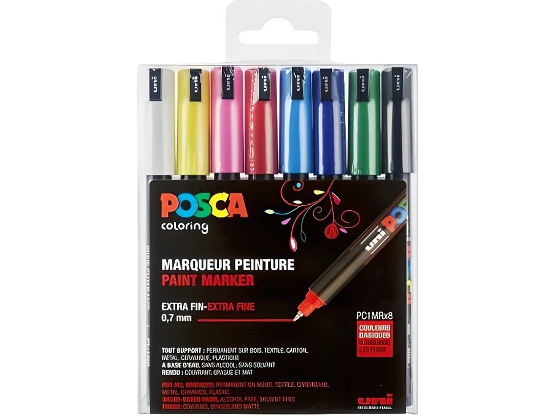 Conjunto de 8 marcadores - POSCA - PC1MR - Ponta calibrada extrafina - Indelével - Cores básicas