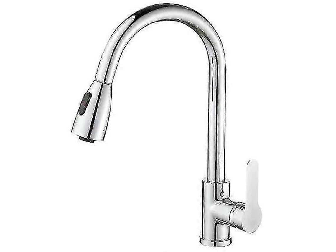 Faucete De Cozinha Elegante Em Níquel Polido, Um Furo, Cabeça Retirável, Água Quente E Fria