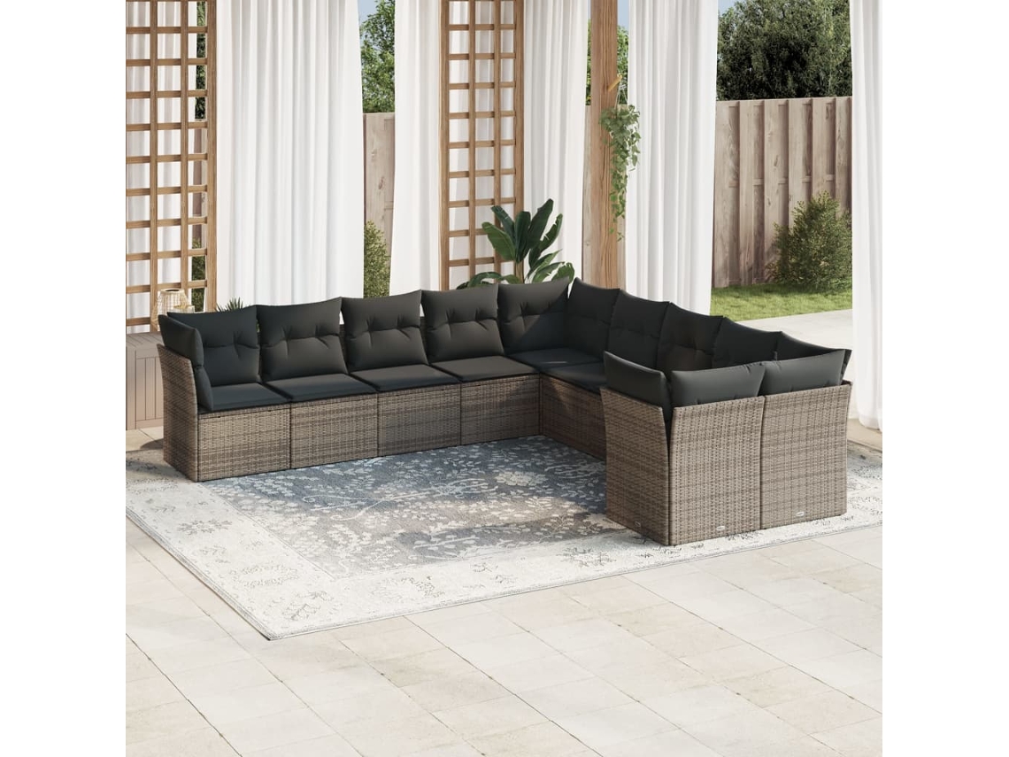Vidaxl 10 Pcs Conjunto Sofás De Jardim C/ Almofadões Vime Pe Cinzento