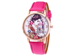 Relógio de Pulso Unissex de Quartzo com Pulseira de Couro Pu Estilo Simples Rosa Vermelho