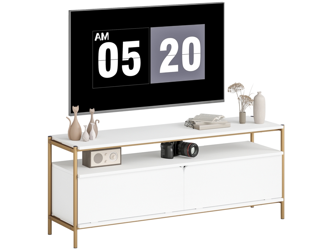 Suporte Para Tv Para Televisores De Até 55 Polegadas Com 2 Portas Basculantes E Uma Prateleira Aberta, 124x35x50cm, Branco