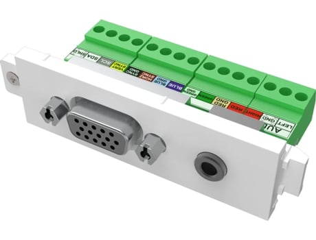 Techconnect Modular AV Faceplate - VGA AND Minijack Module - Female 15-PIN VGA AND Minijack Socket for Audio on Front - BARE-WIRE Phoenix Connectors on Rear - Suits PRE-TERMINATED  Cables - Fixes Into Techconnect Surrounds - Plastic - WH